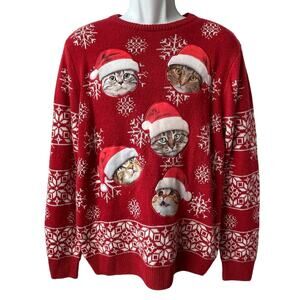 Party Sweater Dec 25th Satin Appliqué Santa Kittens Ugly Christmas Sweater Sz M